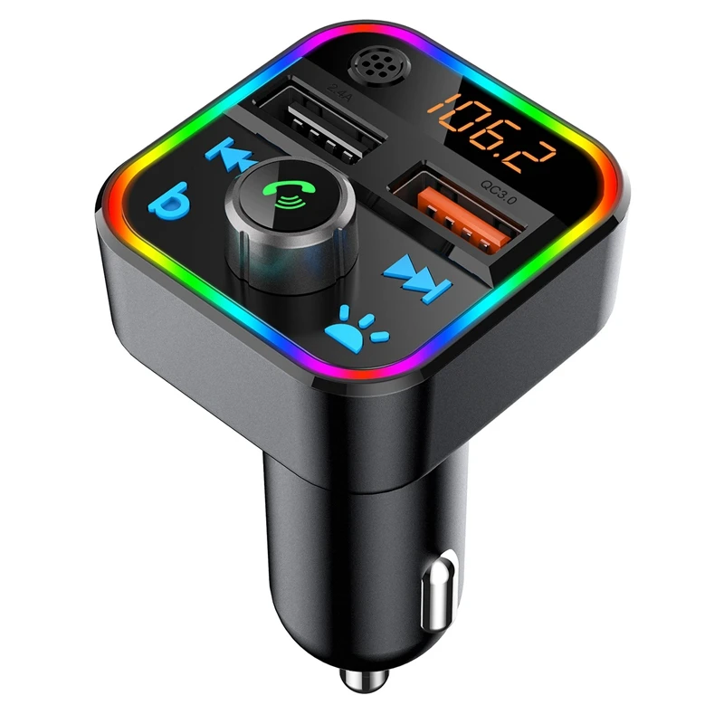 

Bluetooth 5.0 Car Kit Handsfree FM Transmitter Stereo Audio Receiver QC3.0 Quick Charge Car Charger With One Key Bass