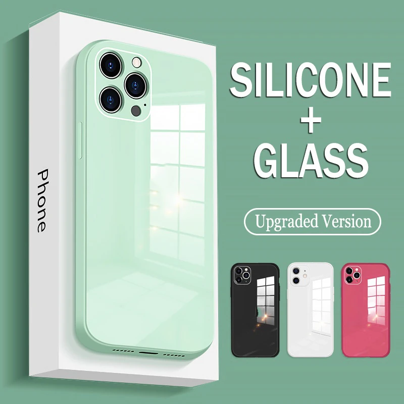 Square Tempered Glass Phone Case for IPhone 11 12 13 Pro Max X XR XS Max 8 7 Plus SE 2 Anti-knock Protection Hard Back Cover iphone 12 mini silicone case