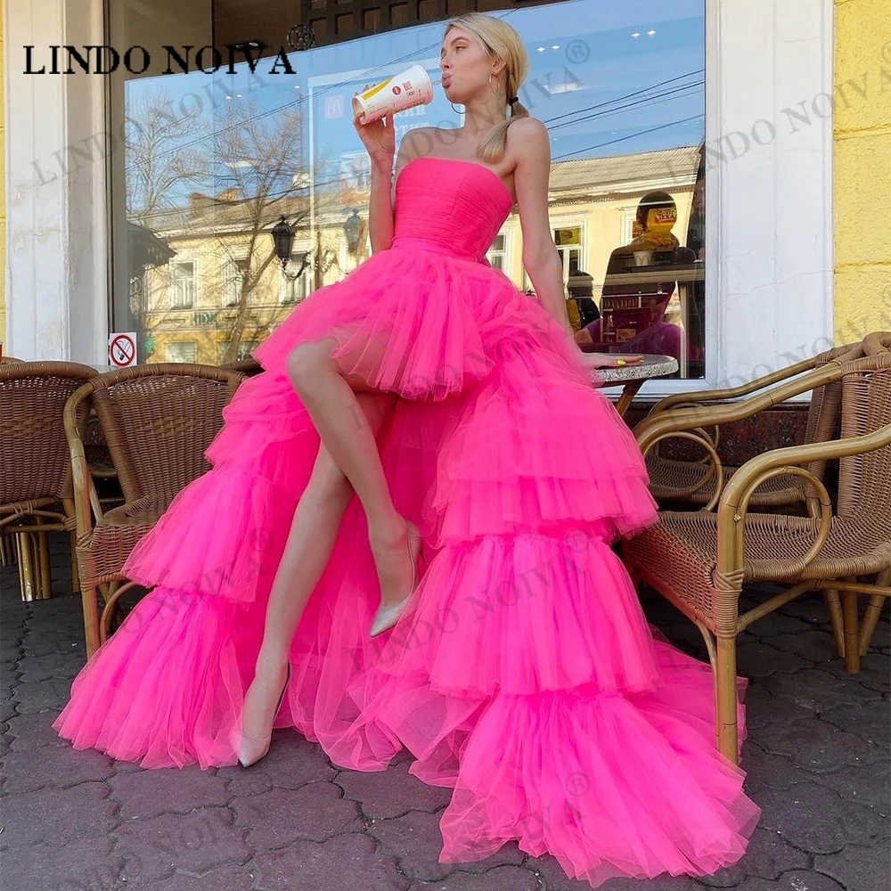 

LINDO NOIVA Elegant Tulle Evening Dresses Strapless Tiered Ruffles Sleeveless Pleat Ruched Prom Dress Wedding Party Gowns