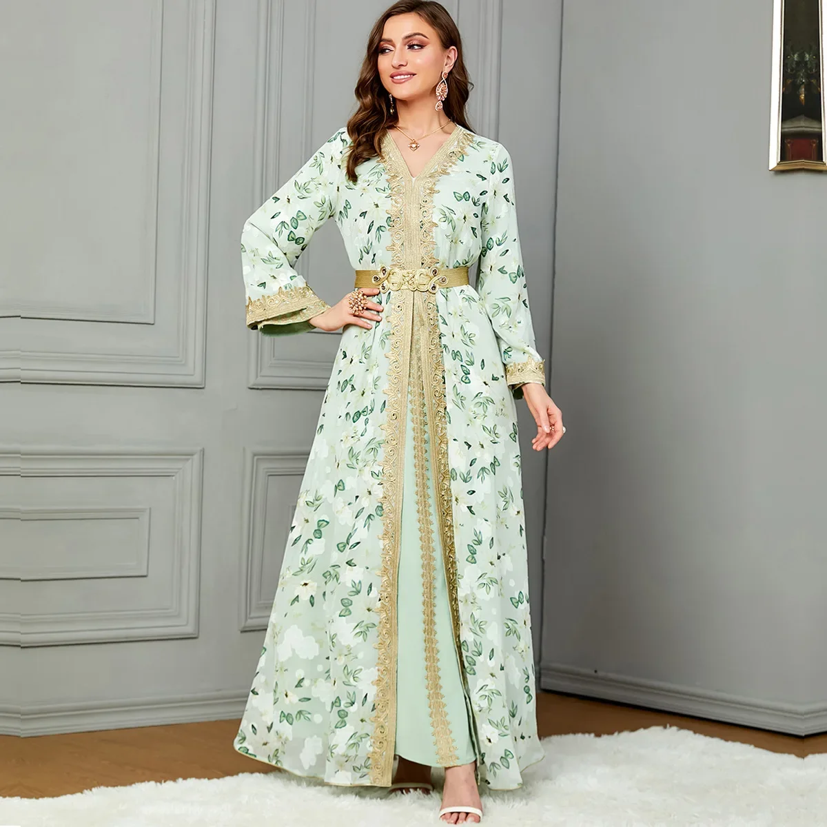 Autumn Winter Morocco Muslim Party Dress for Women Abaya 2 Piece Set Islamic Dresses Floral Print Kaftan Robe Vestidos Caftan