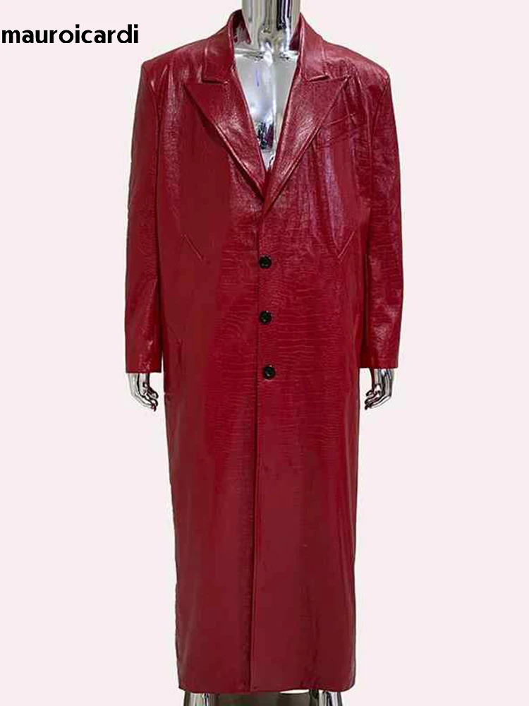 Mauroicardi Spring Autumn Maxi Black Crocodile Print Pu Leather Trench Coat Men Single Breasted Luxury Designer European Fashion 3
