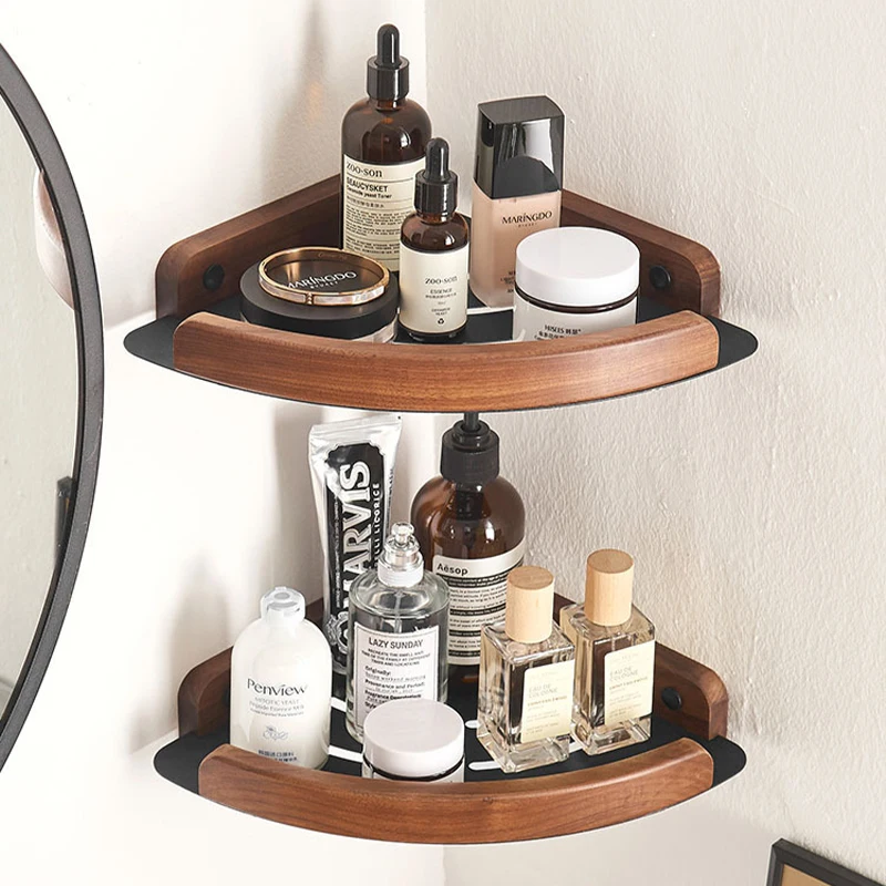 NODrillBathroomShelvesWallMountedSpaceAluminumWoodShowerCorner