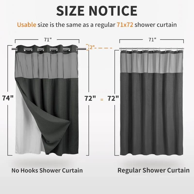 No Hooks Required Dotted Waffle Weave Shower Curtain with Snap in Liner - 71W x 74H,Hotel Grade 4