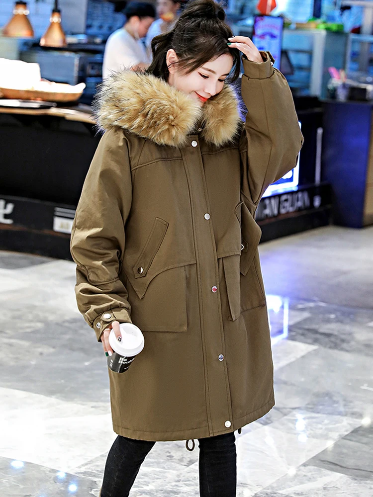 

New 2022 Autumn Winter Jacket Women Lambs Wool Long Coat Women Raccoon Fur Removable Collar Lady Parkas Female Outerwear