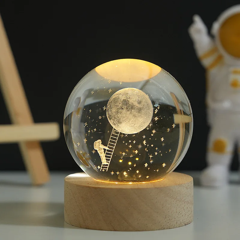 Luce Notturna Sfera Di Cristallo 3D Sistema Solare Con Base In Legno Touch - Lampada LED 8 Cm A Colori Variabili Per Regalo