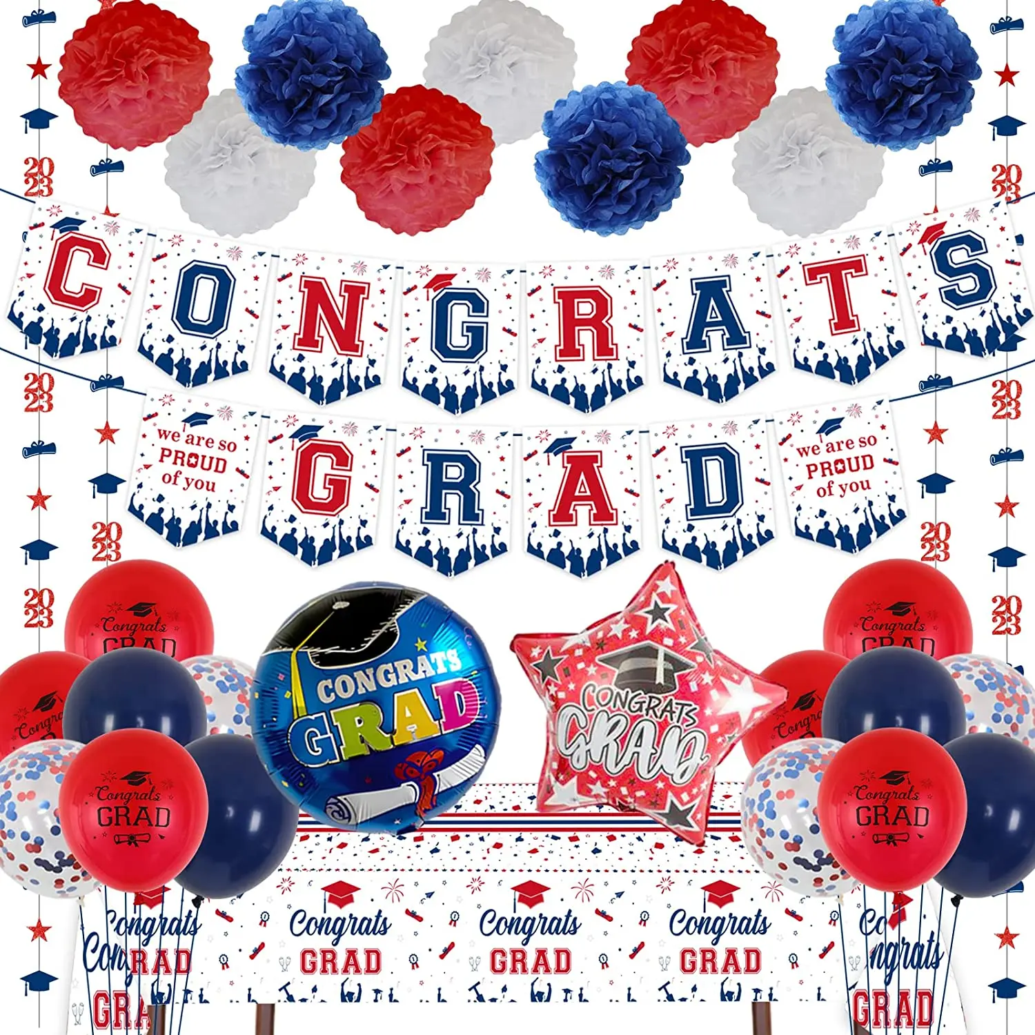 

Cheereveal Graduation Decorations Red and Blue 2023 Congrats Grad Decoration Balloons Graduation Banner Tablecloth Paper Pom Kit