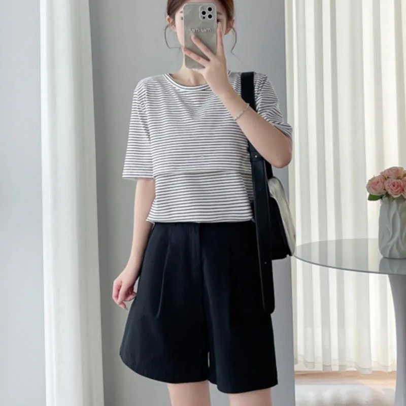 여름 출산 스트라이프 모유 수유 티셔츠 O 넥 코튼 티셔츠 산후 핫맘 수유복 티셔츠 수유 탑 티셔츠