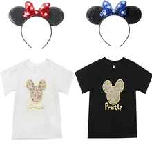 

2022 New Boys and Girls T-Shirts 2-8 Years Cartoon Casual Mickey Mouse Minnie Top White Black Printing Short Sleeve + Headband