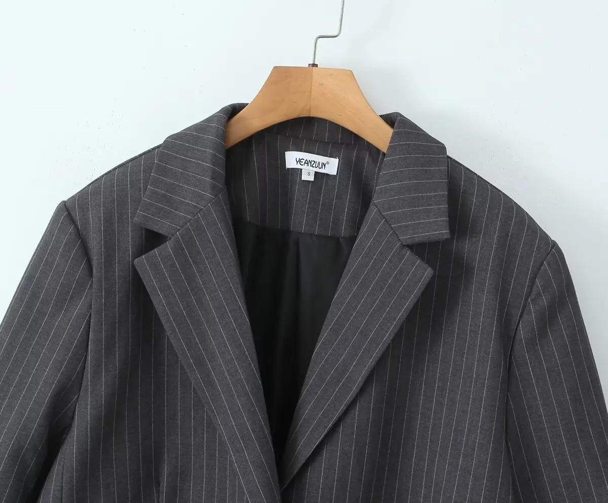 Chill Gray Striped Removable Flare Cuff Blazer Boyfriend Vintage Women Notched Collar Loose Suit Fashion Coat Black