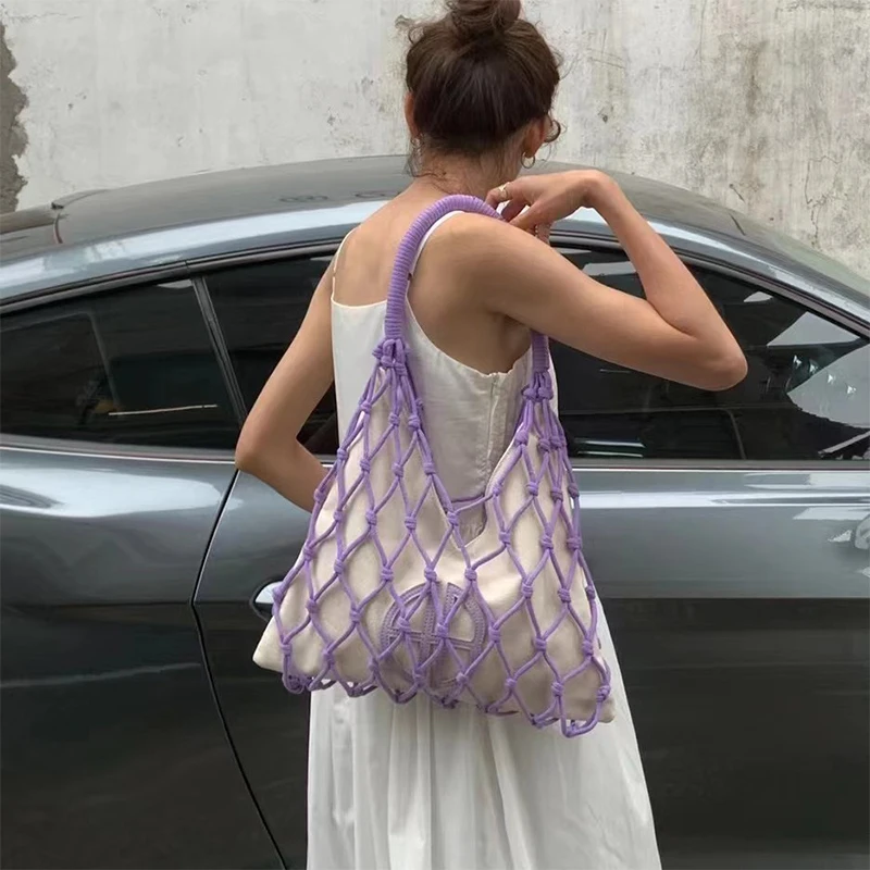 

2024 Summer New Women's Fashion Korean Instagram Woven Hollow Underarm Bag, Beach Vacation Net Bag, Nylon Rope Canvas Bag