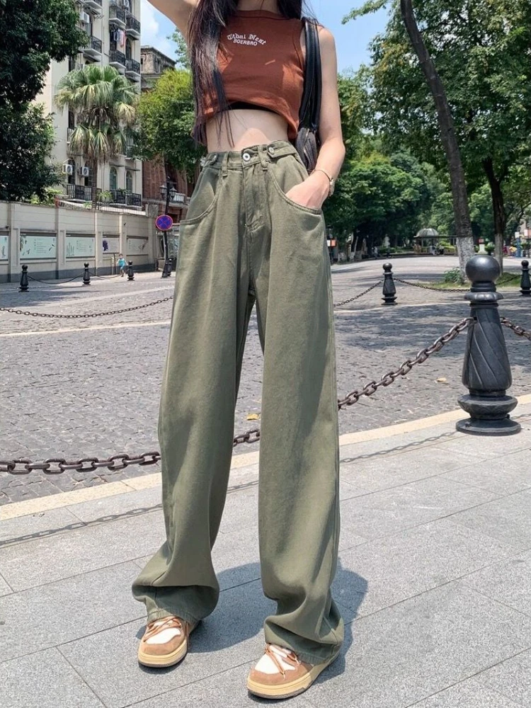 Deeptown Y2k Vintage Green Jeans Women Hippie Korean Fashion Oversize Denim Pants Harajuku Streetwear Wide Leg Baggy Trousers