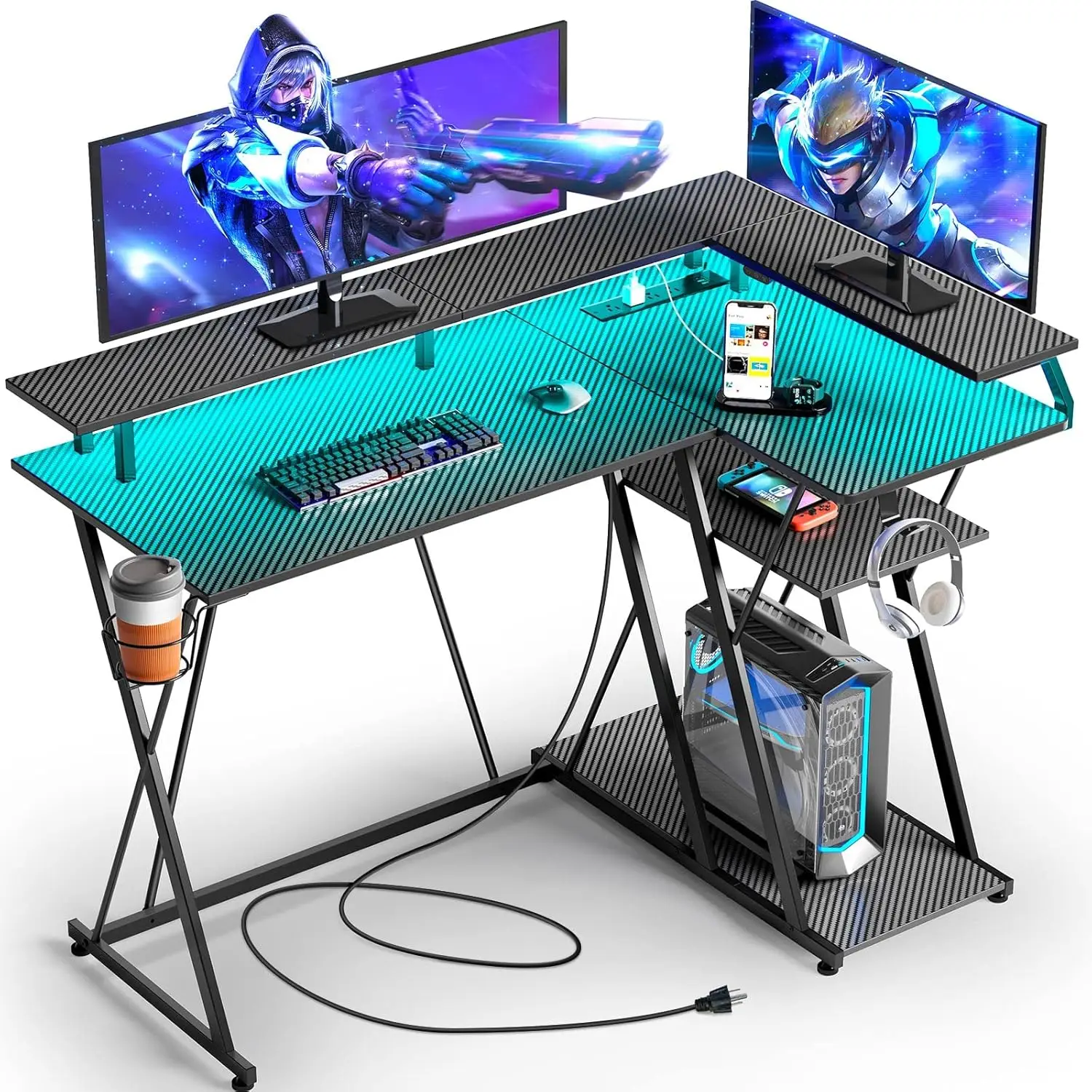 L Shaped Gaming Desk with LED Lights & Power Outlets, Computer Desk with Monitor Stand, Gaming Table , with Hooks, Black 2