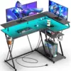 L Shaped Gaming Desk with LED Lights & Power Outlets, Computer Desk with Monitor Stand, Gaming Table , with Hooks, Black 2