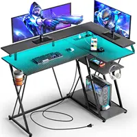 L Shaped Gaming Desk with LED Lights & Power Outlets, Computer Desk with Monitor Stand, Gaming Table , with Hooks, Black 2