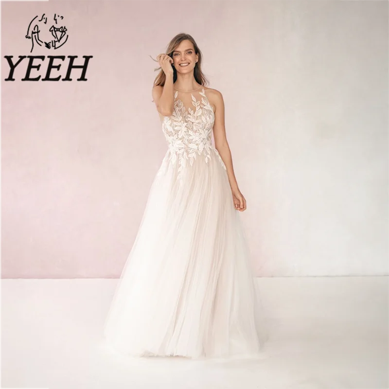 

YEEH Halter Neck Wedding Dress Exquisite Lace Appliques Bridal Gown Elegant Illusion Back Sweep Train Vestido De Noiva for Bride
