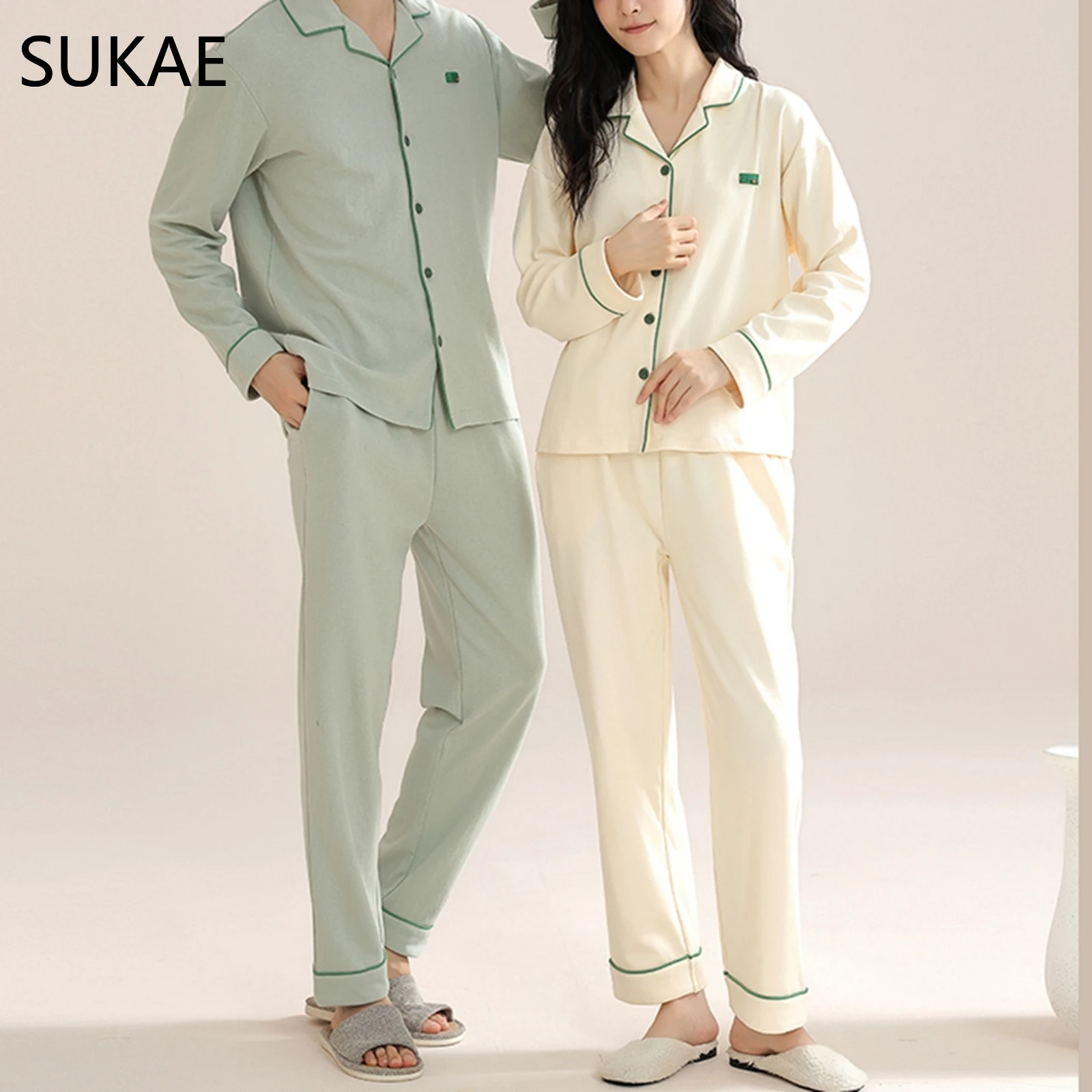 Couple Pyjamas Pure Cotton Homewear Solid Color Collared Lapel Cardigan Long Bottoms Sleepwear Men and Women's Pajamas Set