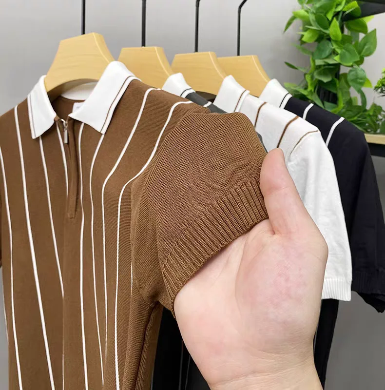 High quality summer knitted short sleeve polo shirt fashion half zipper lapel T-shirt vertical stripes comfort casual men's wear 15 Sf90796e9bce143a7a1e1e49f927a93bal
