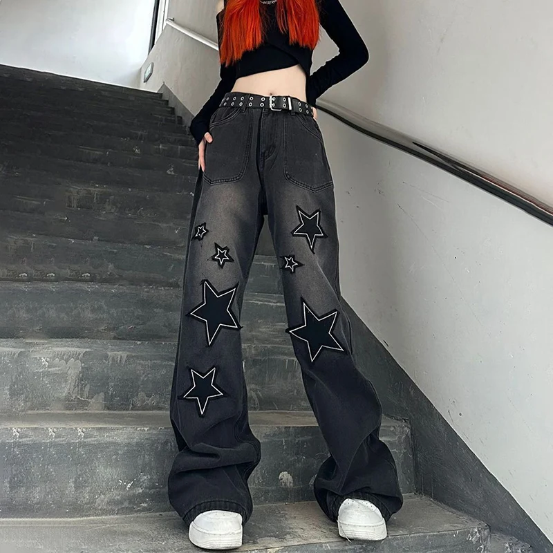 

Y2K Black Baggy Jeans Women Goth Retro Streetwear Denim Pants Skinny Vintage Hippie Grunge Straight Wide Leg Mopping Trousers