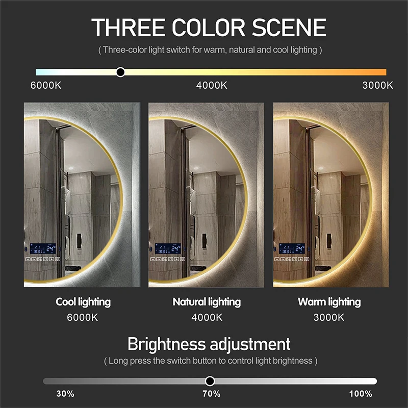 Round Black Frame LED Smart Bathroom Makeup Mirror With Bluetooth Body Induction Defogging 3 Color Light Cosmetic mirror