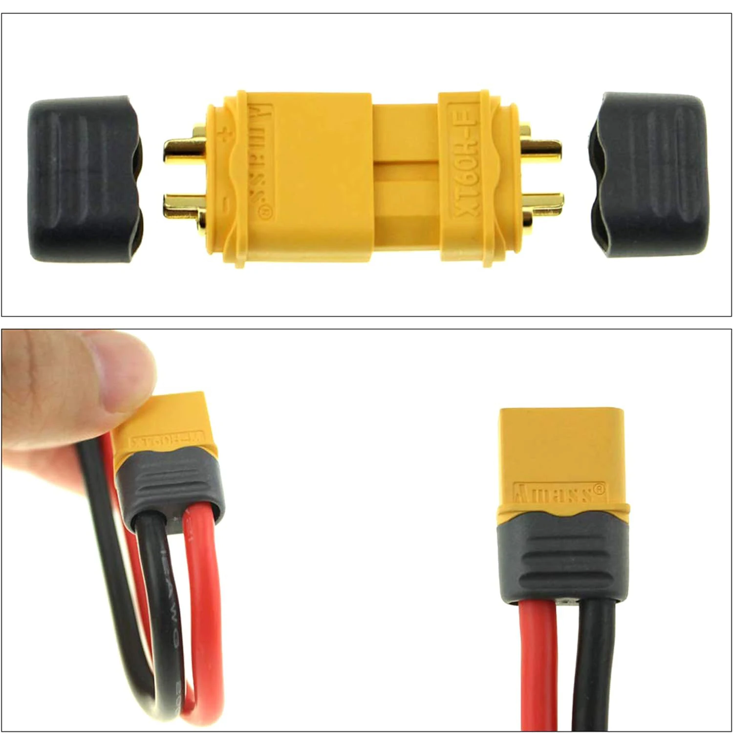 Paires de connecteurs XT60 mâle et femelle disposées sur fond blanc, lot de 10 paires.