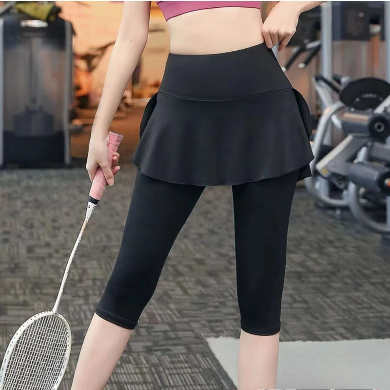 4XL Open Crotch Fake Two Piece Panties with Front Back Pockets Outdoor Fitness Pants Cropped Trousers Sporty Crotchless Clubwear