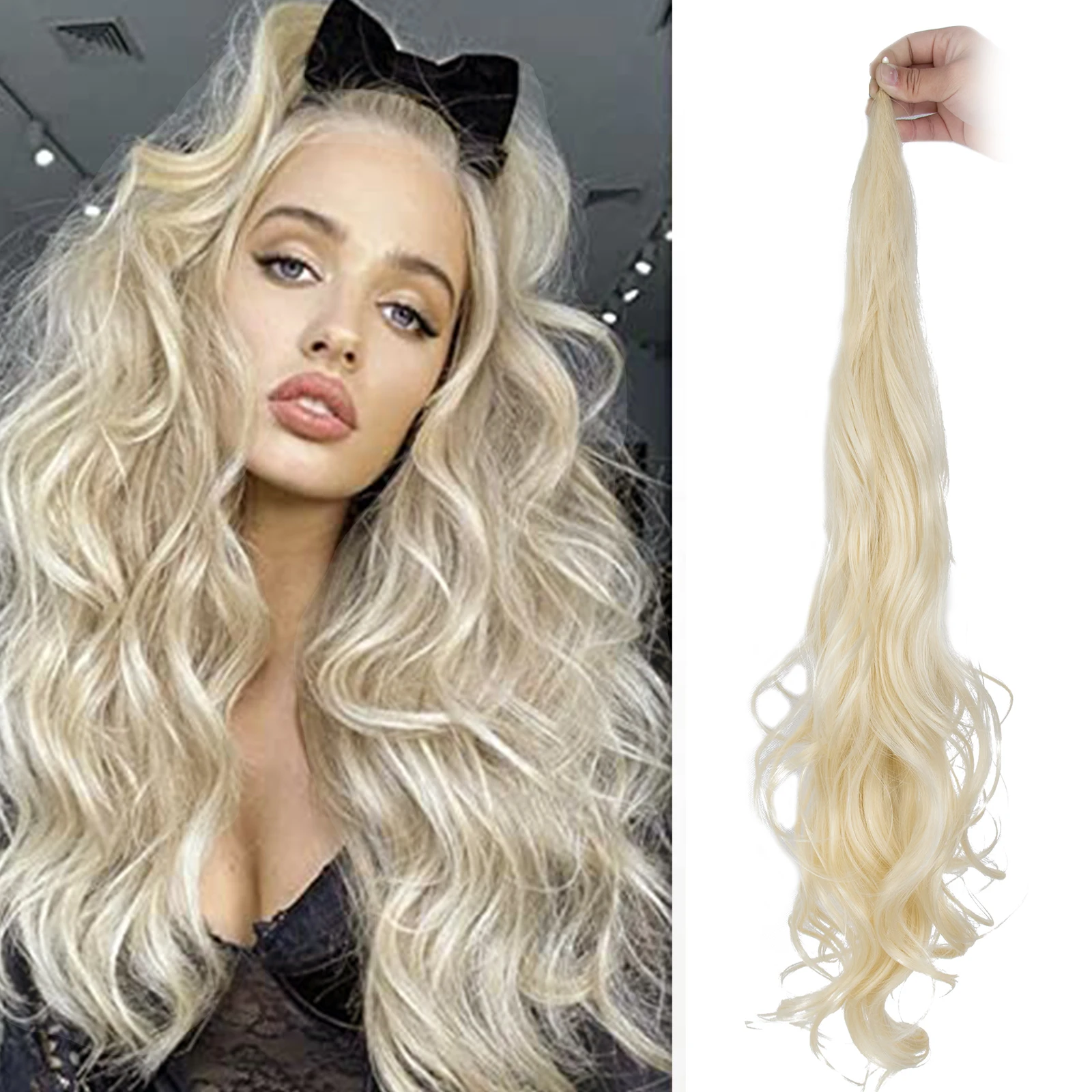 Synthetic 32 Inch Flexible Wrap Around Ponytail Extension Long Ponytail Hair Extensions Curly Wave Synthetic Ponytails Hairpiece