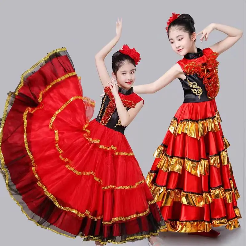 Girls Spanish Flamengo Dress Bullfighting KIds Belly Dance Costume Ballroom Gypsy Chorus Stage Performance women flamenco dresses