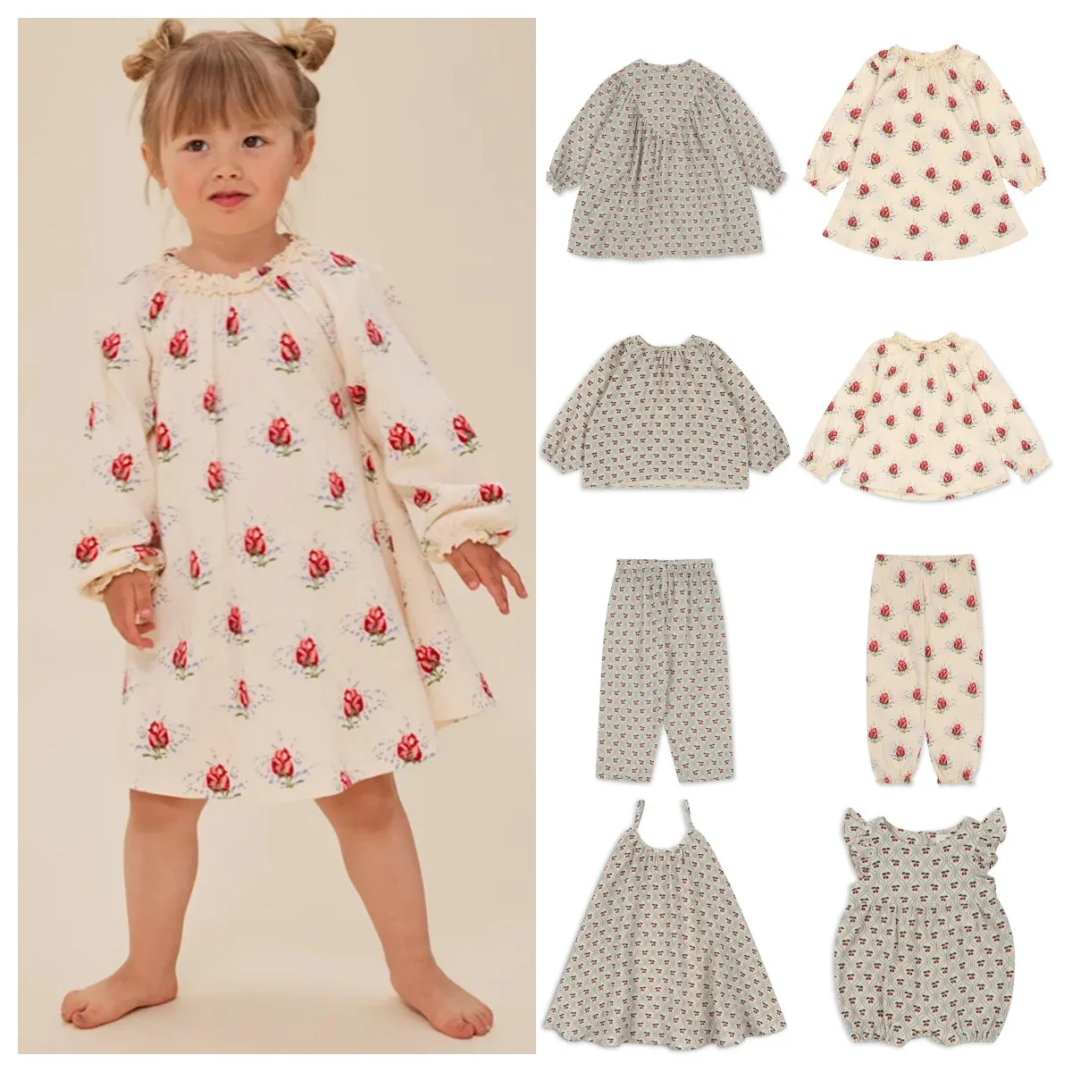 

KS 24 Summer New Kids Girls Clothes Cute Print Cherry Dress Cotton Shirts Pants Outfit Set Children's Suit Baby Girls Rompers