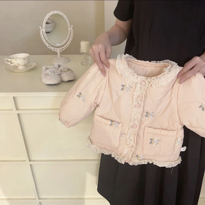 Embroidery Floral Print Lace One Breasted Fleece Jacket 1-6Y Kids Fall Winter Warm Quilted Outerwear Baby Girls Cute