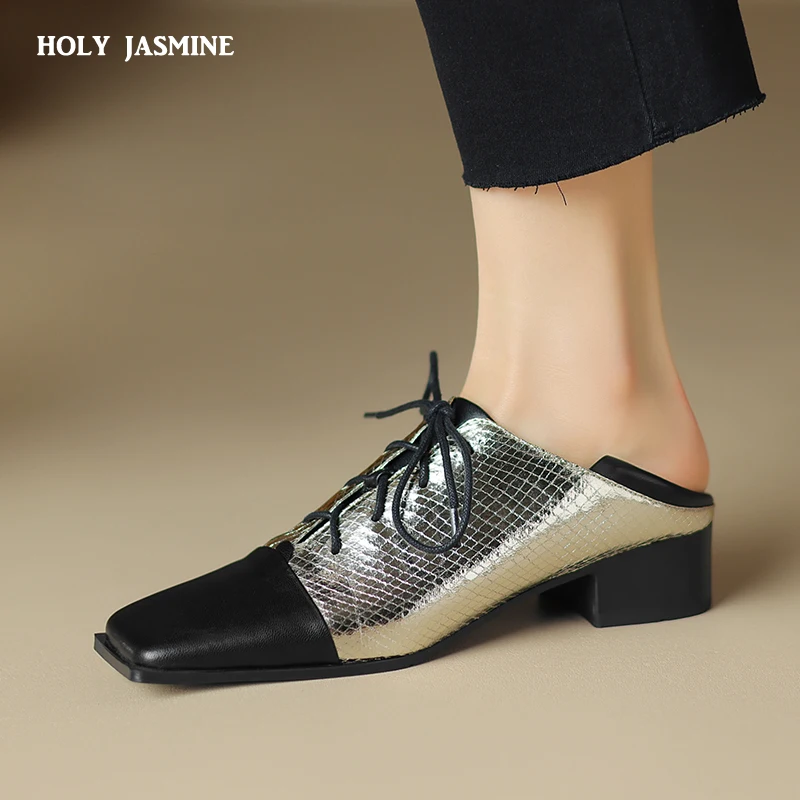2024-new-fashion-metallic-microfibre-mixed-color-women-cow-leather-pumps-square-toe-thick-heels-classic-lace-up-casual-street