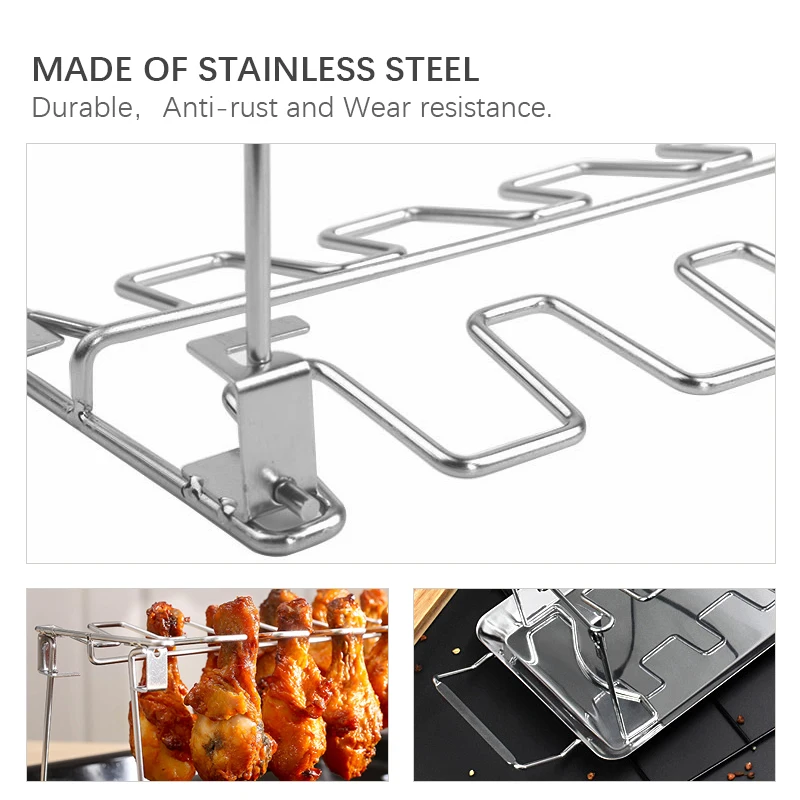 BBQ Beef Chicken Leg Wing Grill Rack 14 Slots Stainless Steel Barbecue Drumsticks Holder Oven Roaster Stand with Drip Pan Tools