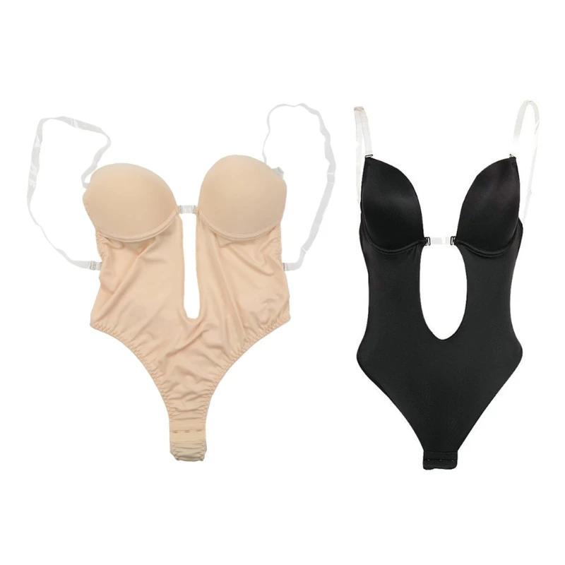 

Women Sexy Plunge Backless Bodysuit Deep V-Neck Seamless Thong Bottom Underwear Padded Push Up Body Shapewear Top