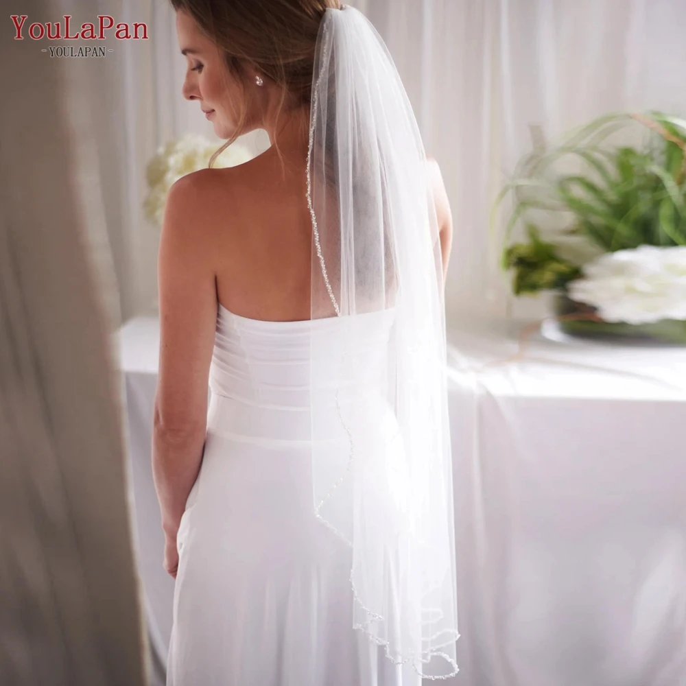 TOPQUEEN V175 velos de boda con borde de cristal para novia velos