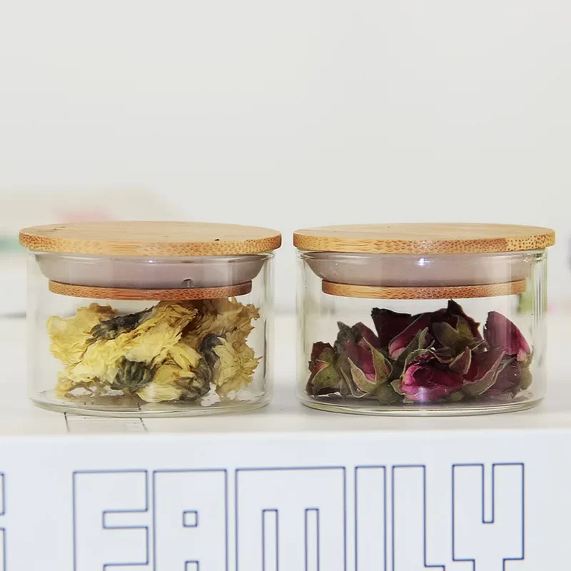 Small Tiny Glass Spicy Jar Heat Resistant Clear Glass Food Spice Tea Candy Storage Jar with Bamboo Lid Sealing Air Tight 1 PC 5