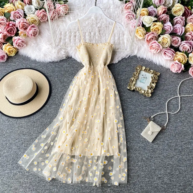 韓国★人気★コラボ DAISY X MARITHE W FLOWER OVERALL SKIRT Women daisy Print Dresses Summer Sexy Lace Mesh Dress