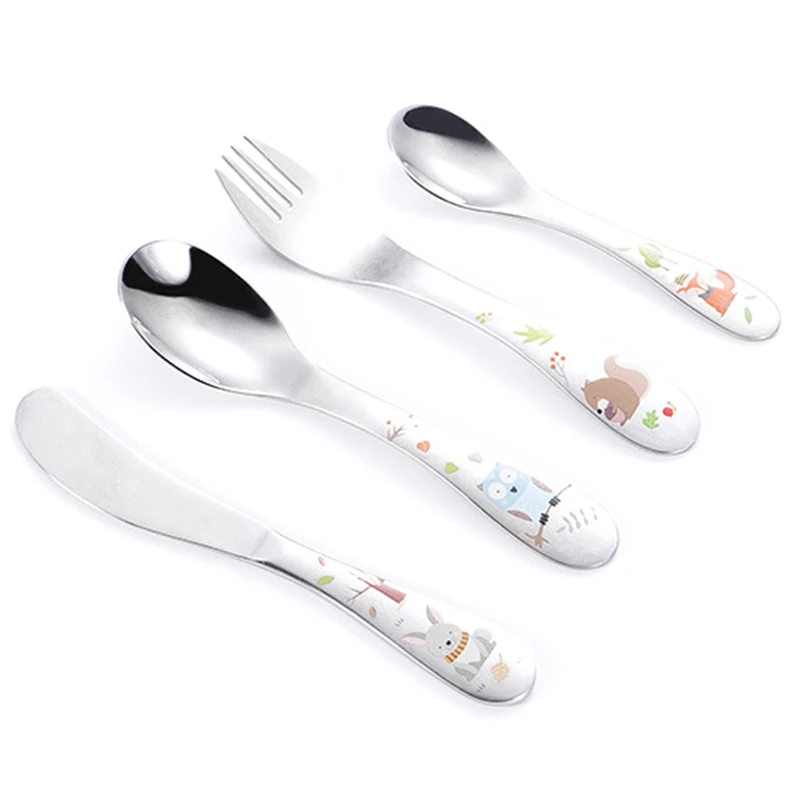 1/4pcs Stainless Steel Kids Cutlery Cartoon Pattern Carving Child Tableware Cute Spoon Fork Set Baby Flatware Feeding