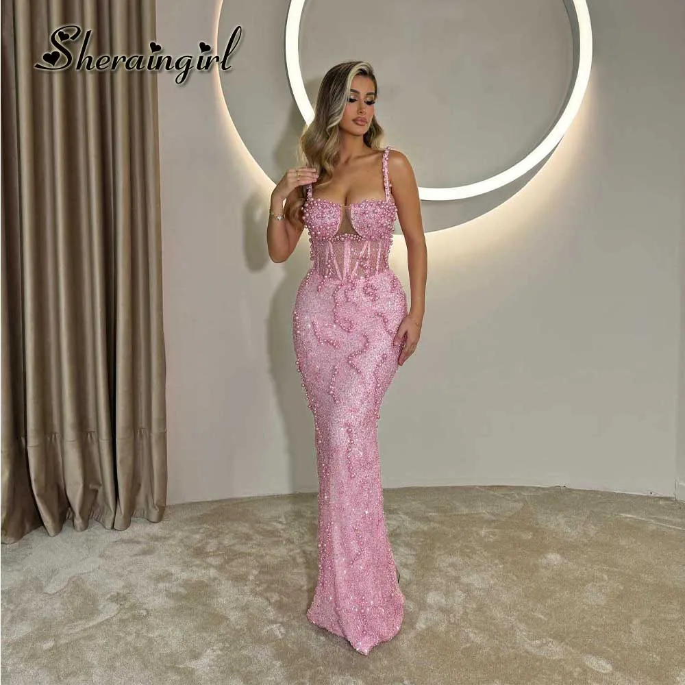 SHERAIN Exquisite Prom Dresses Pearls Spaghetti Straps Column Floor ...