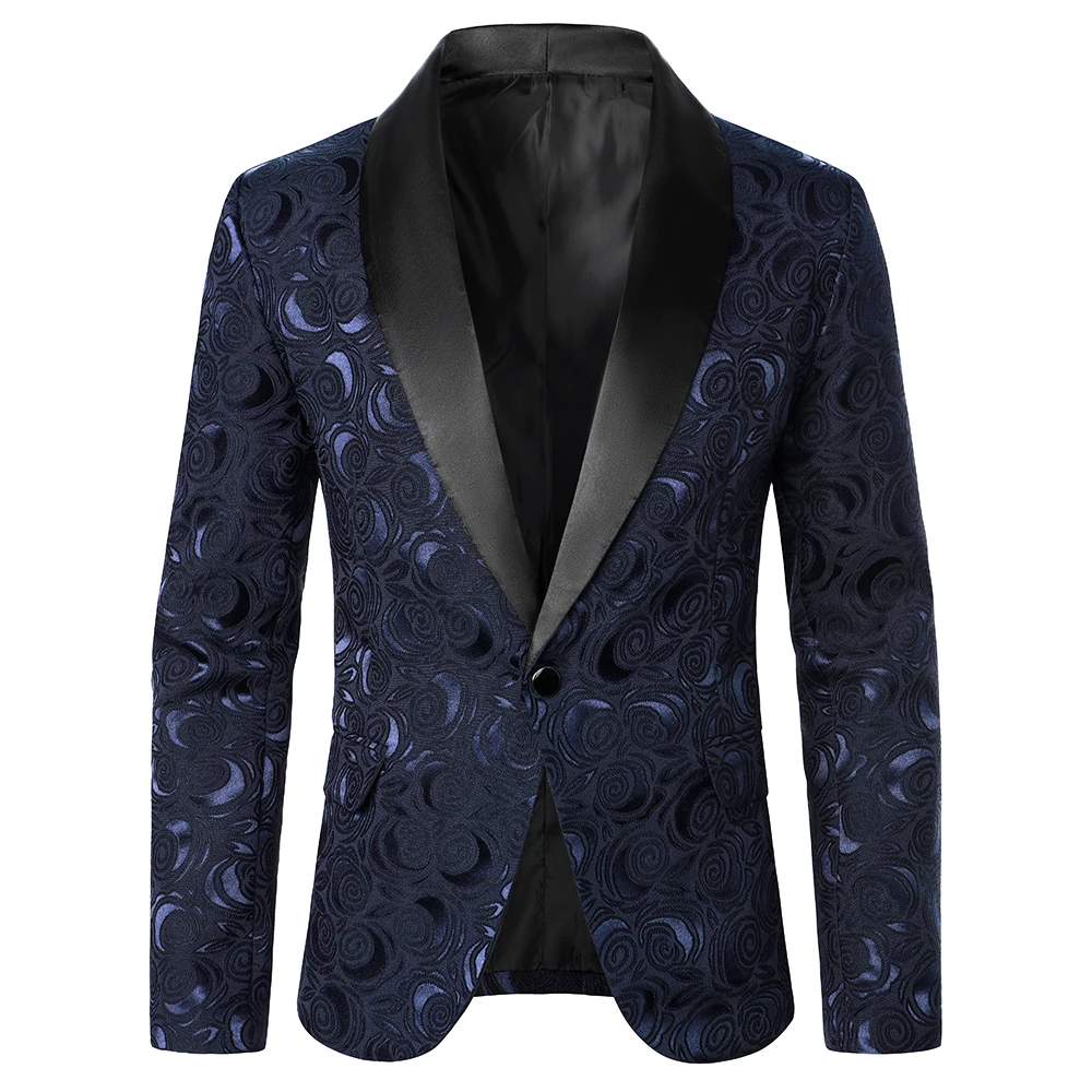 Men Suit Coat Rose Pattern Bright Jacquard Fabric Contrast Color Collar Party Luxury Design Causal Fashion Slim Fit Men Blazer