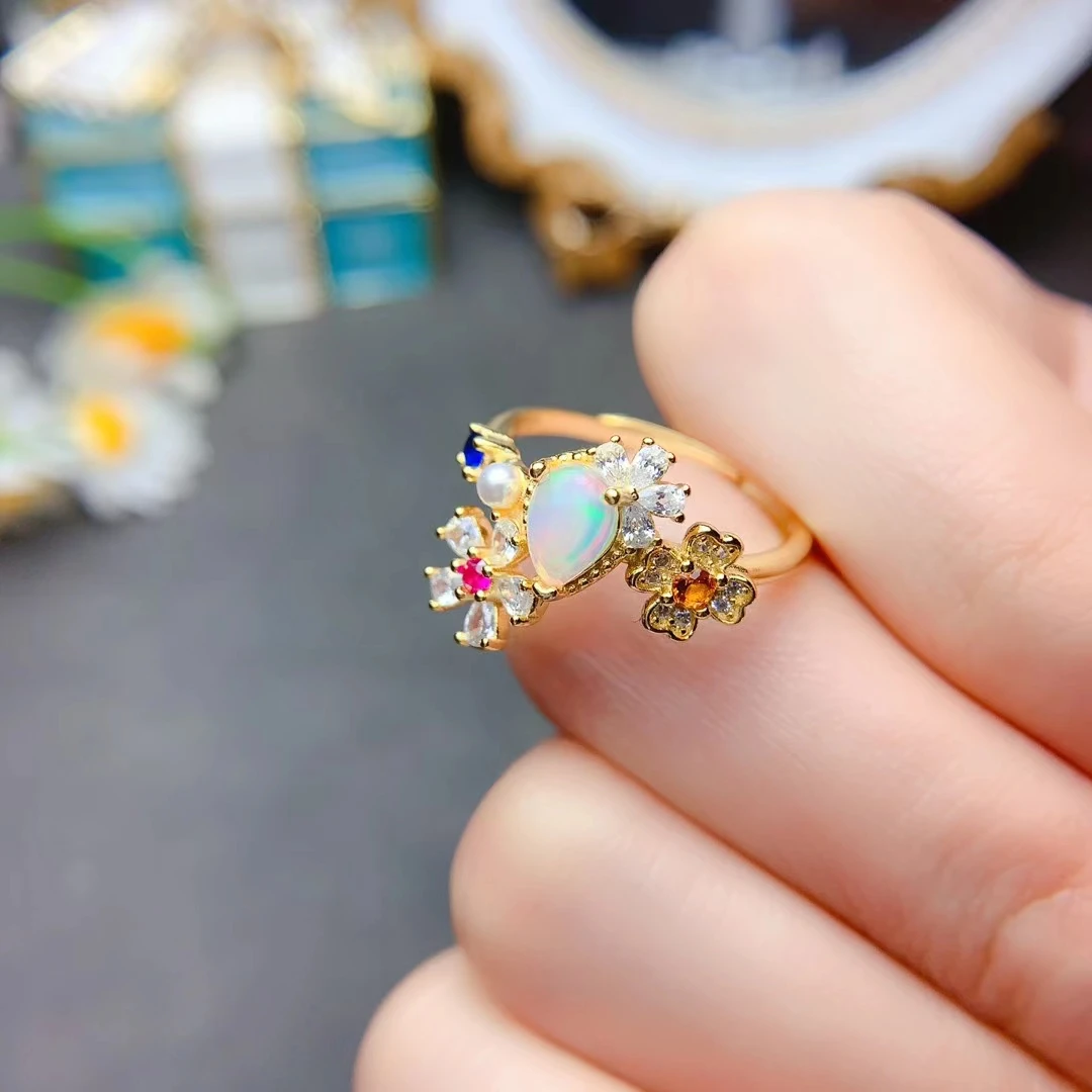 MeiBaPJ 5mm*7mm Natural Opal Gemstone Fashion Colorful Ring for Women Real 925 Sterling Silver Charm Fine Wedding Jewelry