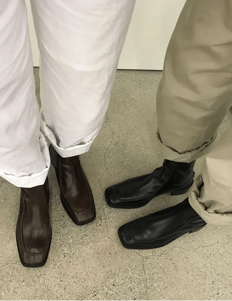 Dave&Di Autumn French Fashion Blogger Ankle Boots Vintage  Toe Women Square Leather Chelsea Boots Commuter Casual Zipper Biker