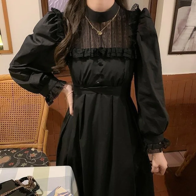 

Gothic Black Lace Dress Women Casual Elegant Party Midi Ruffle Long Sleeve Dress Goth Clothes 2023 Spring Robes