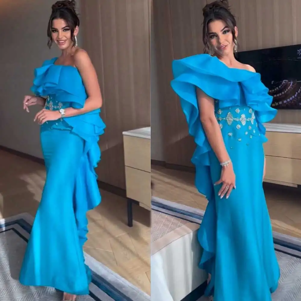 

Mermaid Satin Prom Dress One Shoulder Ruffle Tiered With Crystal Saudi Arabian Women's Sexy Floor Length Back Zipper Party Gown