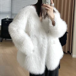 Women Luxury V-neck White Fur Coat Female Winter New Korean Fashion Loose Basic Elegant Warm French Long Sleeve Gray Fur Coat