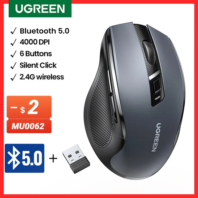 UGREEN Wireless Mouse Bluetooth5.0 Mouse Ergonomic 4000DPI 6 Mute Buttons Mouse For MacBook Tablet Laptops Computer PC 2.4G Mice 1