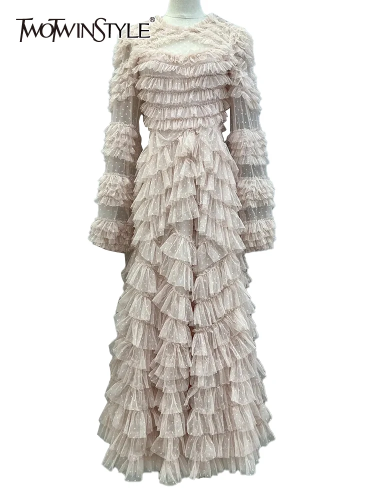 

TWOTWINSTYLE Solid Temperament Dresses For Women O Neck Long Sleeve Patchwork Folds Elegant Vintage Dress Female Fashion Clothes