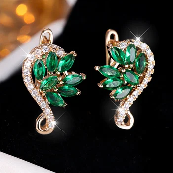 Green Zircon Marquise Stone Flower Hoop Earrings For Women Vintage Gold Color Ear Buckle Wedding Jewelry Engagement Party Gifts