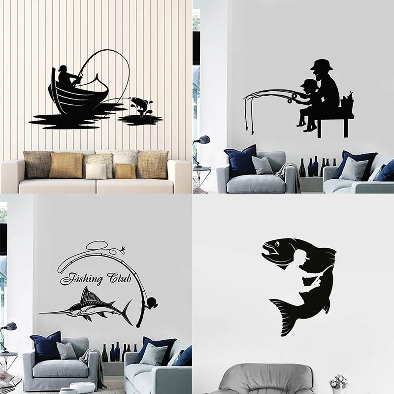 

Wall Decal Fisherman Logo Fishing Rod Boat Catch Fish Hobby Vinyl Stickers Mural