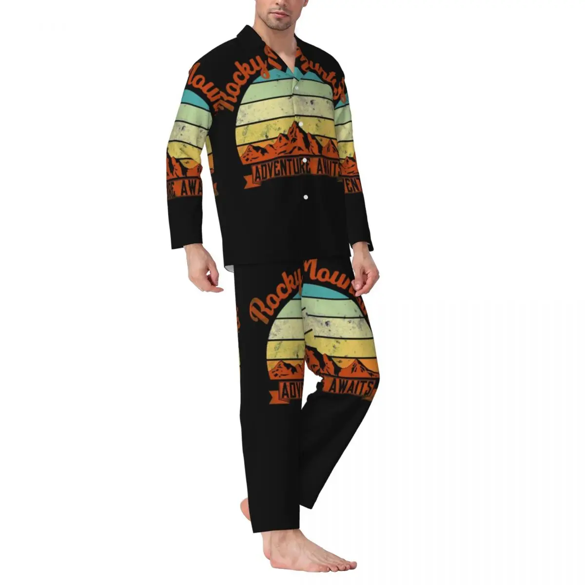

Одежда для сна с Рокки горы, весенние Приключения ожидают семьи, кемпинг, папа, сын, повседневный пижамный комплект, Мужская модная ночная сорочка