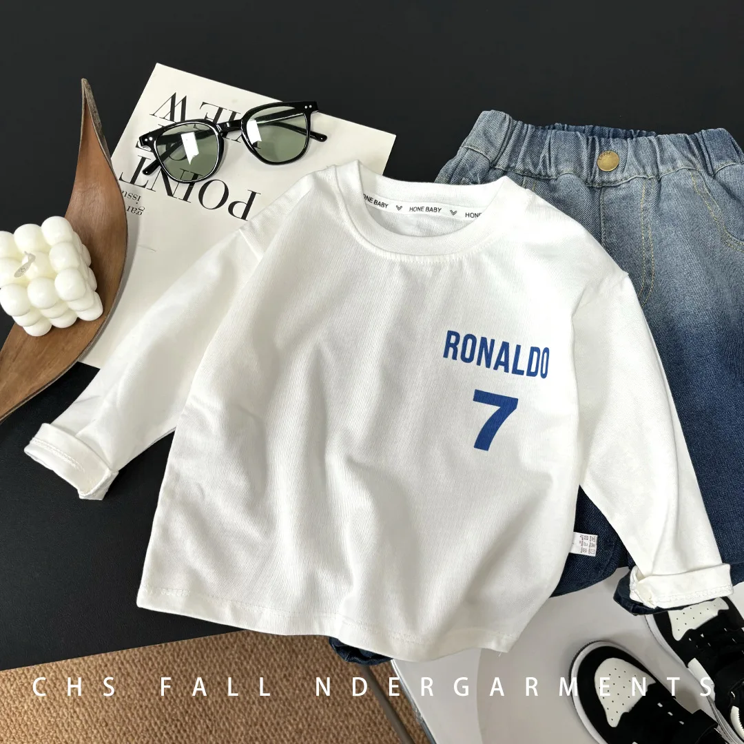 2024 Autumn Children Boys Undershirts Cotton Letter Printed Long Sleeve Baby Boy Tops Loose Casual Round Collar Toddler Boy Tees 2