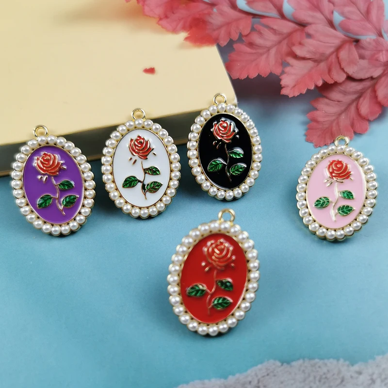 

JeQue 10pcs Fashion Enamel Pearl Rose Flower Charms Pendants for Earrings Necklace Handmade Jewelry Making Crafts Accessories